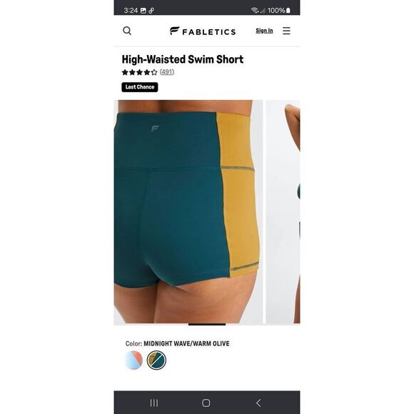 New Small Fabletics Midnight Wave Warm Olive Gabriella High Waist Swim Shorts - Picture 3 of 8